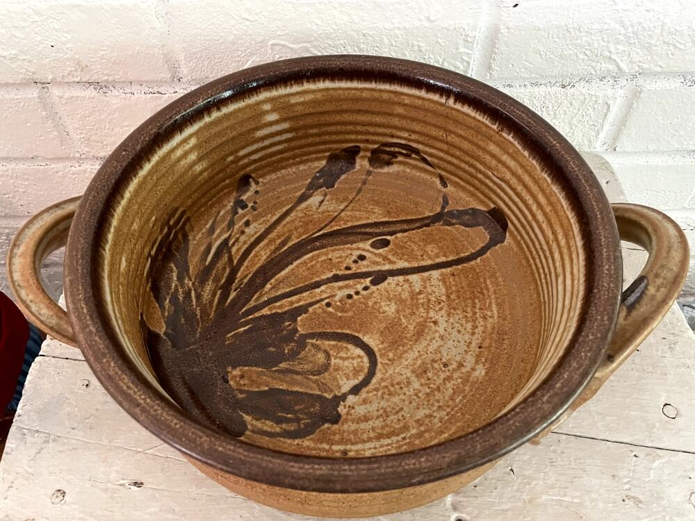 Vintage Studio Pottery Handled Stoneware Serving Bowl Brown Floral Glaze 11.5"